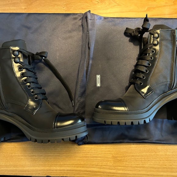 Prada Black Leather and Nylon Lace-up and Zip- up Winter Snow and Dress Boots - Picture 12 of 14